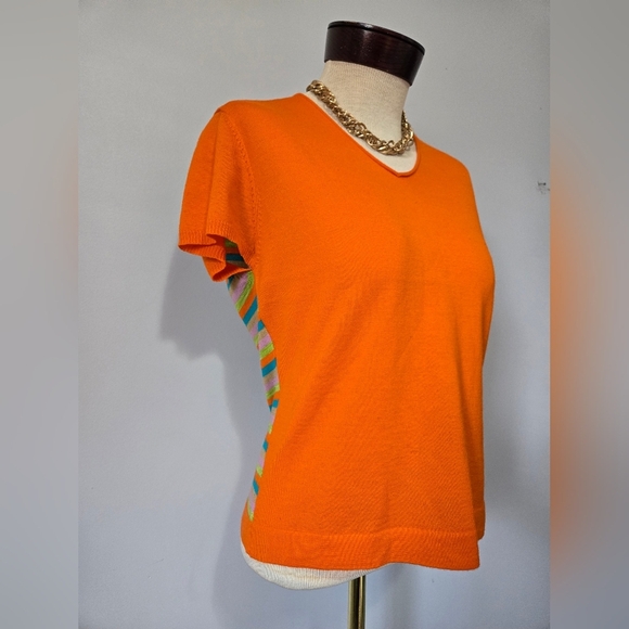 LIVIA VANEZETTI ITALY Wool/ Cashmere/Silk Orange Short Sleeve Top,Striped Back.M - Picture 3 of 12